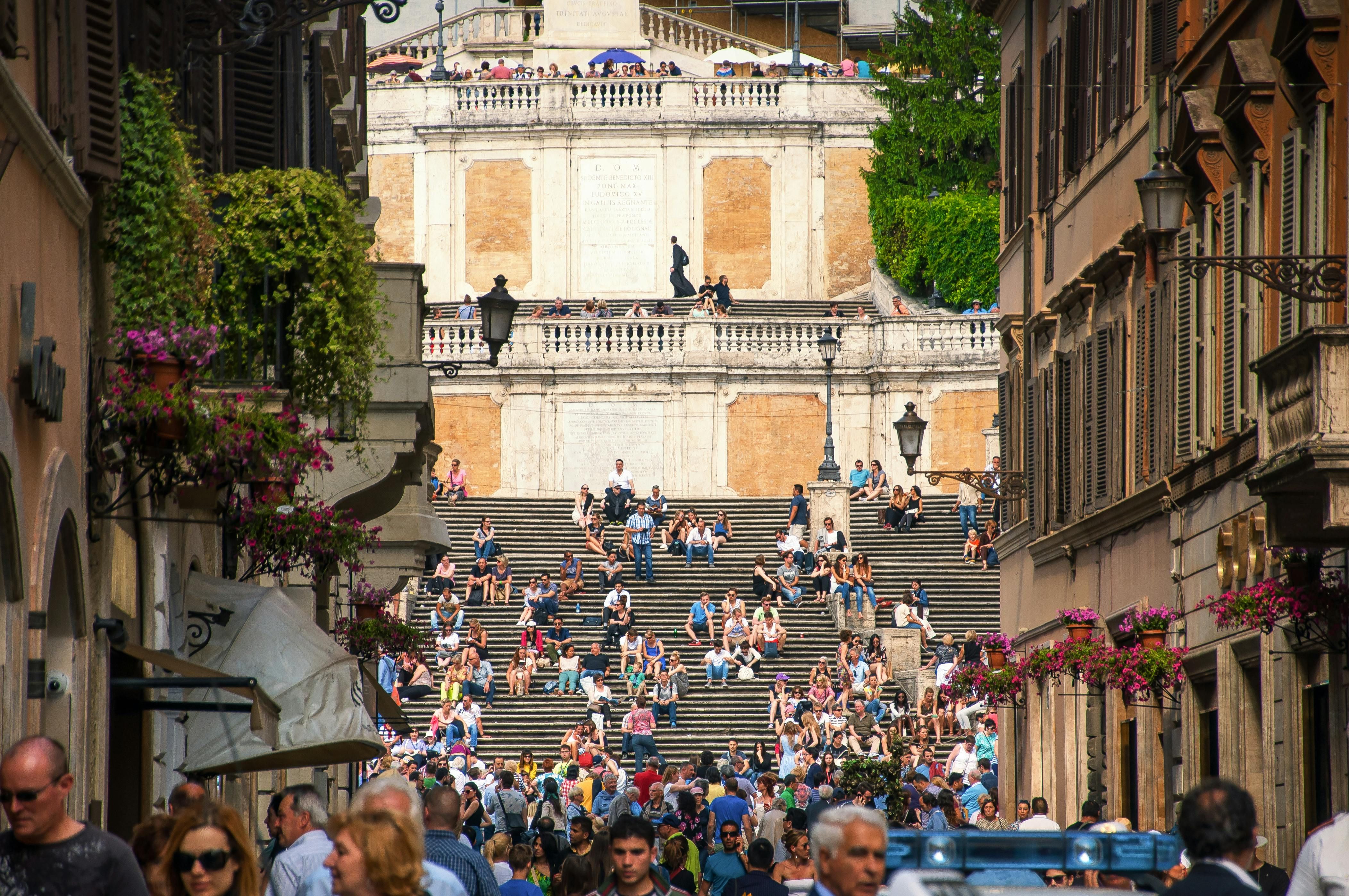 A busy Roman piazza near Rione Monti — the neighbourhood surrounding Hotel Colle Oppio